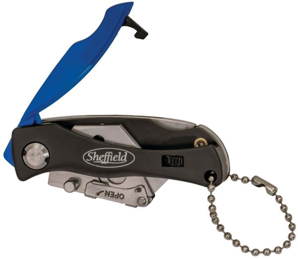 Sheffield 12125 Utility Knife, 1-1/2 in L Blade, Stainless Steel Blade, Curved Handle, Black/Blue Handle