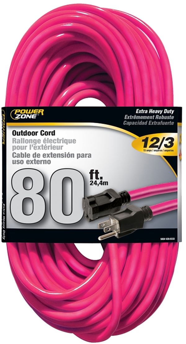 PowerZone Extension Cord, 12 AWG Cable, 80 ft L, 15 A, 125 V, Neon Pink