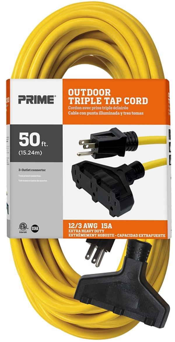 Prime EC600830 Extension Cord, 12 AWG Cable, Plug, 50 ft L, 15 A, 125 V, Yellow